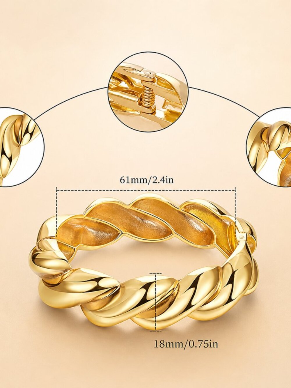 18K Gold Plated Chunky Twisted Cuff Bracelet Wide Hinged Bangle - Picture 4 of 4